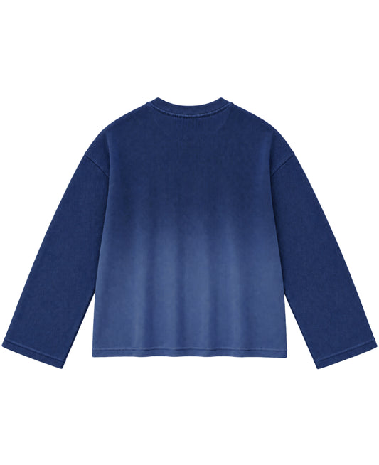 Blue ombre waffle knit oversized full sleeve tee, back view - Frolic Saga Bare Minimum