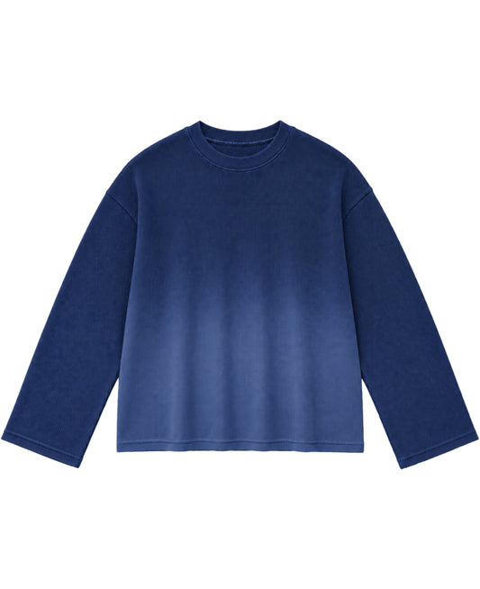 Blue ombre waffle knit oversized full sleeve tee, front view - Frolic Saga Bare Minimum