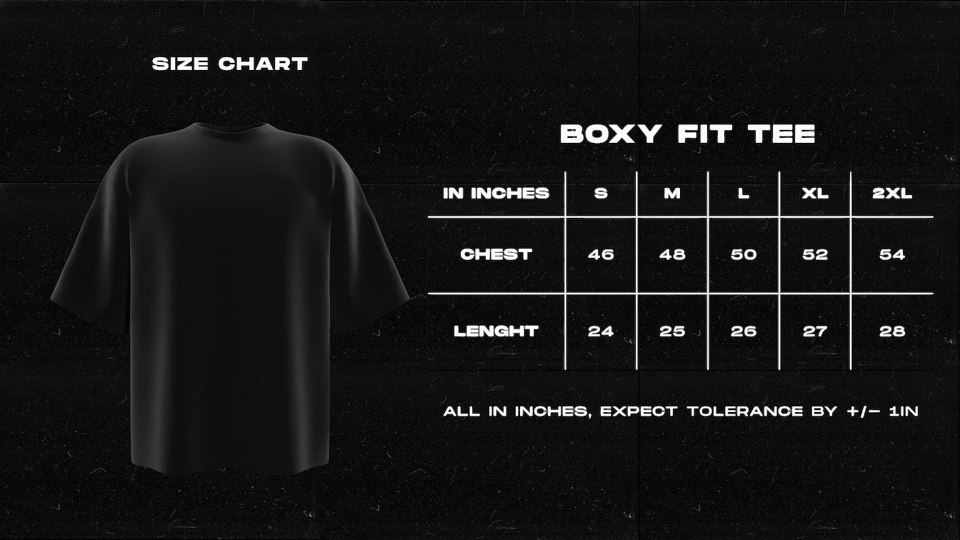 Frolic Saga boxy fit t-shirt size chart showing chest and length measurements in inches for sizes S to 2XL.