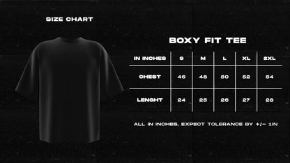 Frolic Saga boxy fit t-shirt size chart showing chest and length measurements in inches for sizes S to 2XL.