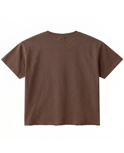 Brown oversized boxy fit tee, back view - Frolic Saga Bare Minimum