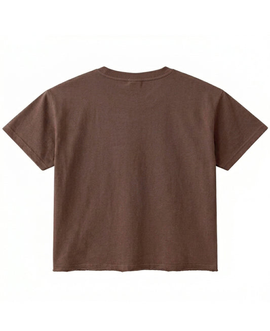 Brown oversized boxy fit tee, back view - Frolic Saga Bare Minimum
