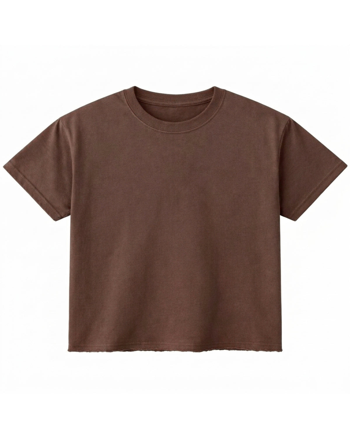 Brown oversized boxy fit tee, front view with button raw hem - Frolic Saga Bare Minimum