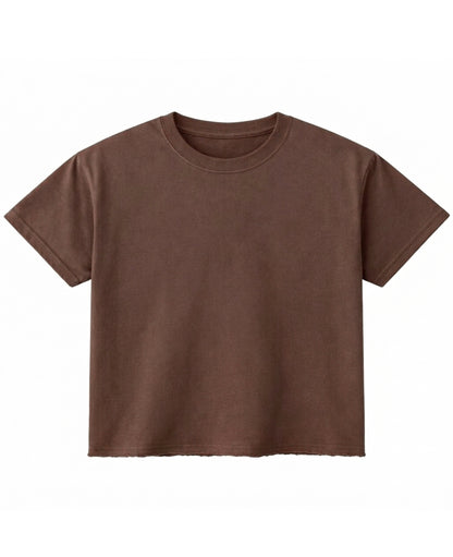 Brown oversized boxy fit tee, front view with button raw hem - Frolic Saga Bare Minimum