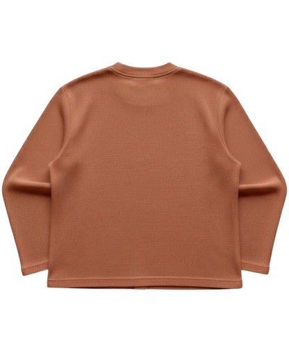 Brown waffle knit oversized full sleeve tee, back view - Frolic Saga Bare Minimum