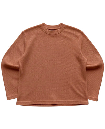 Brown waffle knit oversized full sleeve tee, front view - Frolic Saga Bare Minimum