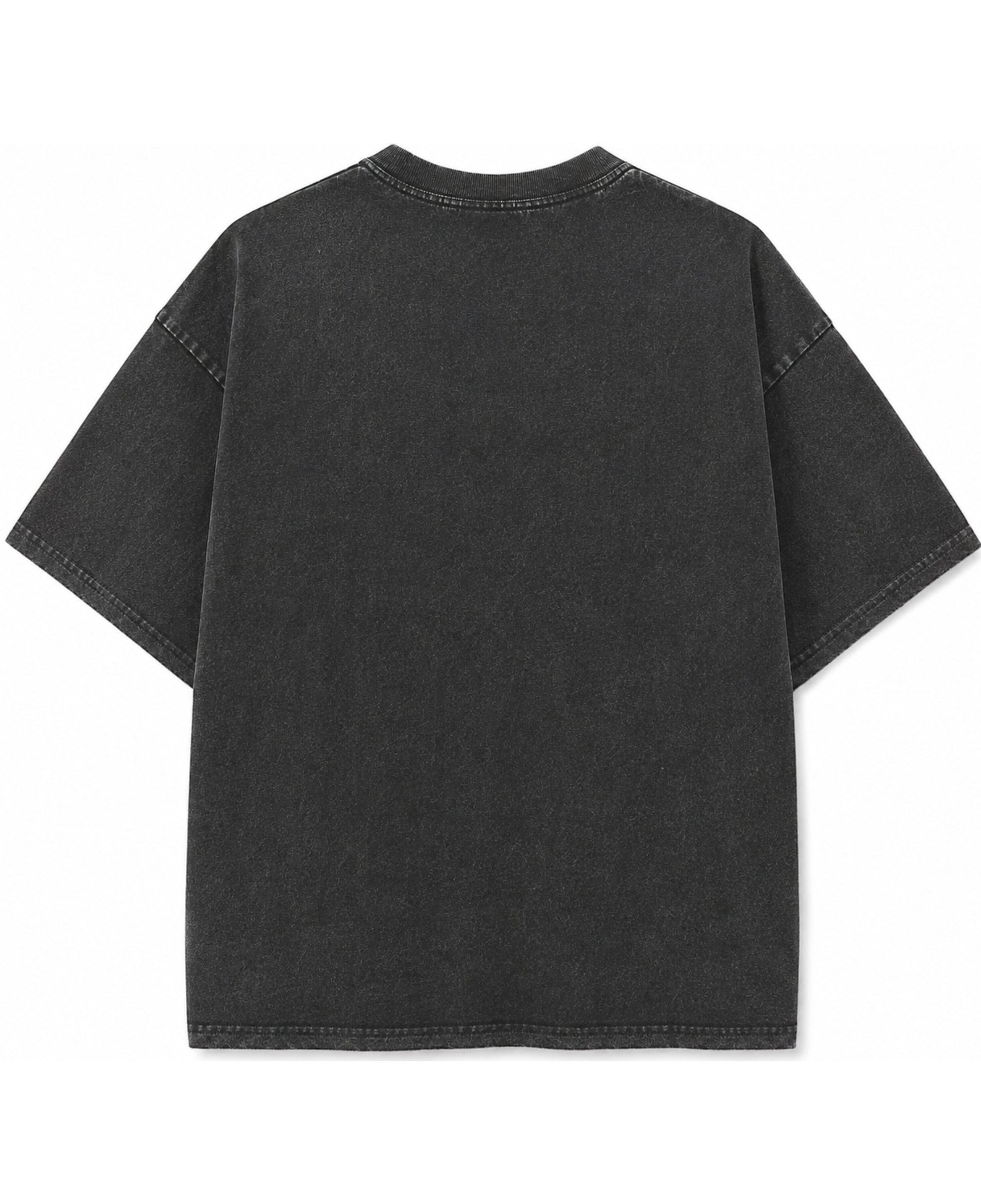 Back view of a Frolic Saga charcoal grey vintage wash cotton t-shirt with a relaxed fit and crew neck.
