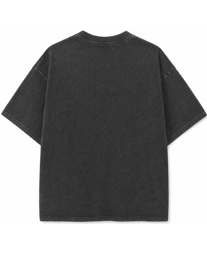 Back view of a Frolic Saga charcoal grey vintage wash cotton t-shirt with a relaxed fit and crew neck.