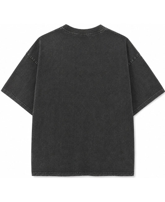 Back view of a Frolic Saga charcoal grey vintage wash cotton t-shirt with a relaxed fit and crew neck.