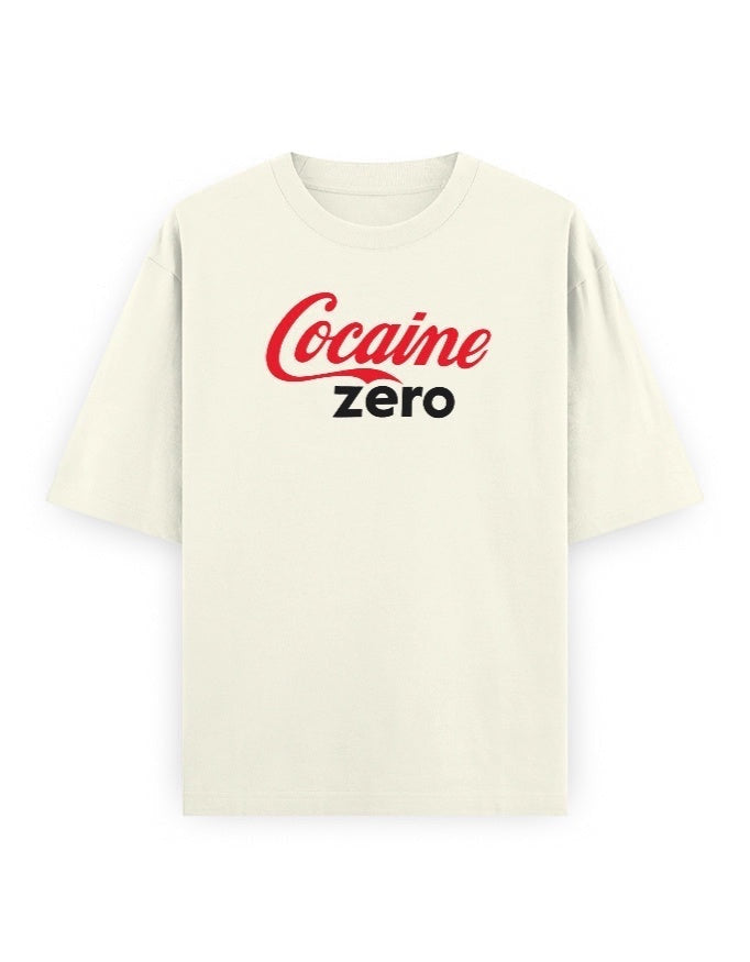 Frolic Saga cream oversized t-shirt with a red and black 'Cocaine Zero' graphic print on the chest. 100% cotton.