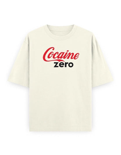 Frolic Saga cream oversized t-shirt with a red and black 'Cocaine Zero' graphic print on the chest. 100% cotton.