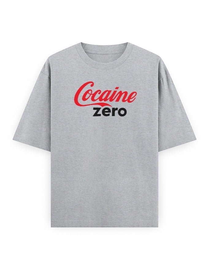 Frolic Saga grey 100% cotton oversized t-shirt with red and black 'Cocaine Zero' graphic print.