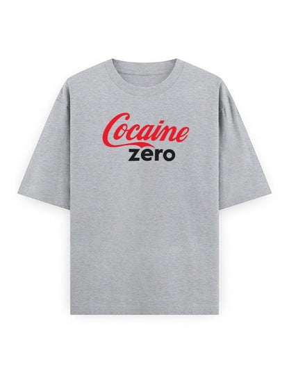 Frolic Saga grey 100% cotton oversized t-shirt with red and black 'Cocaine Zero' graphic print.