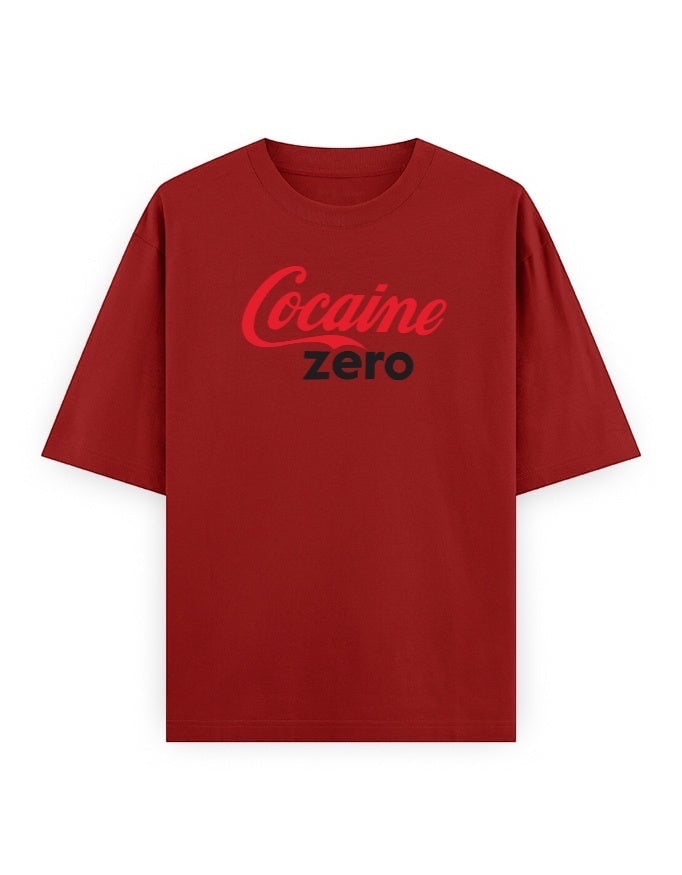 Frolic Saga oversized red cotton t-shirt with a bold black and red "Cocaine Zero" graphic print.