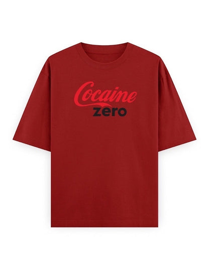 Frolic Saga oversized red cotton t-shirt with a bold black and red "Cocaine Zero" graphic print.