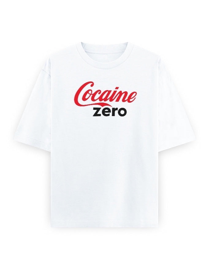 Frolic Saga white oversized 100% cotton t-shirt with red and black 'Cocaine Zero' graphic print.