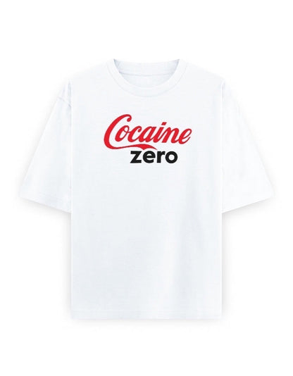 Frolic Saga white oversized 100% cotton t-shirt with red and black 'Cocaine Zero' graphic print.