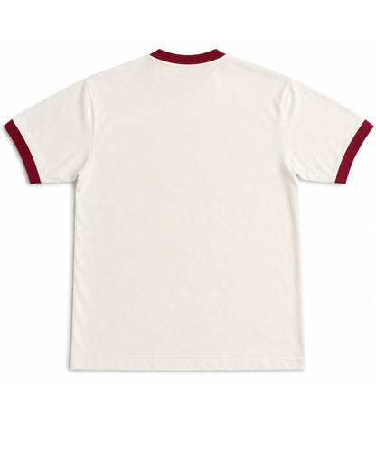Cocaine Zero Ringer Tee off white and maroon, back view - Frolic Saga