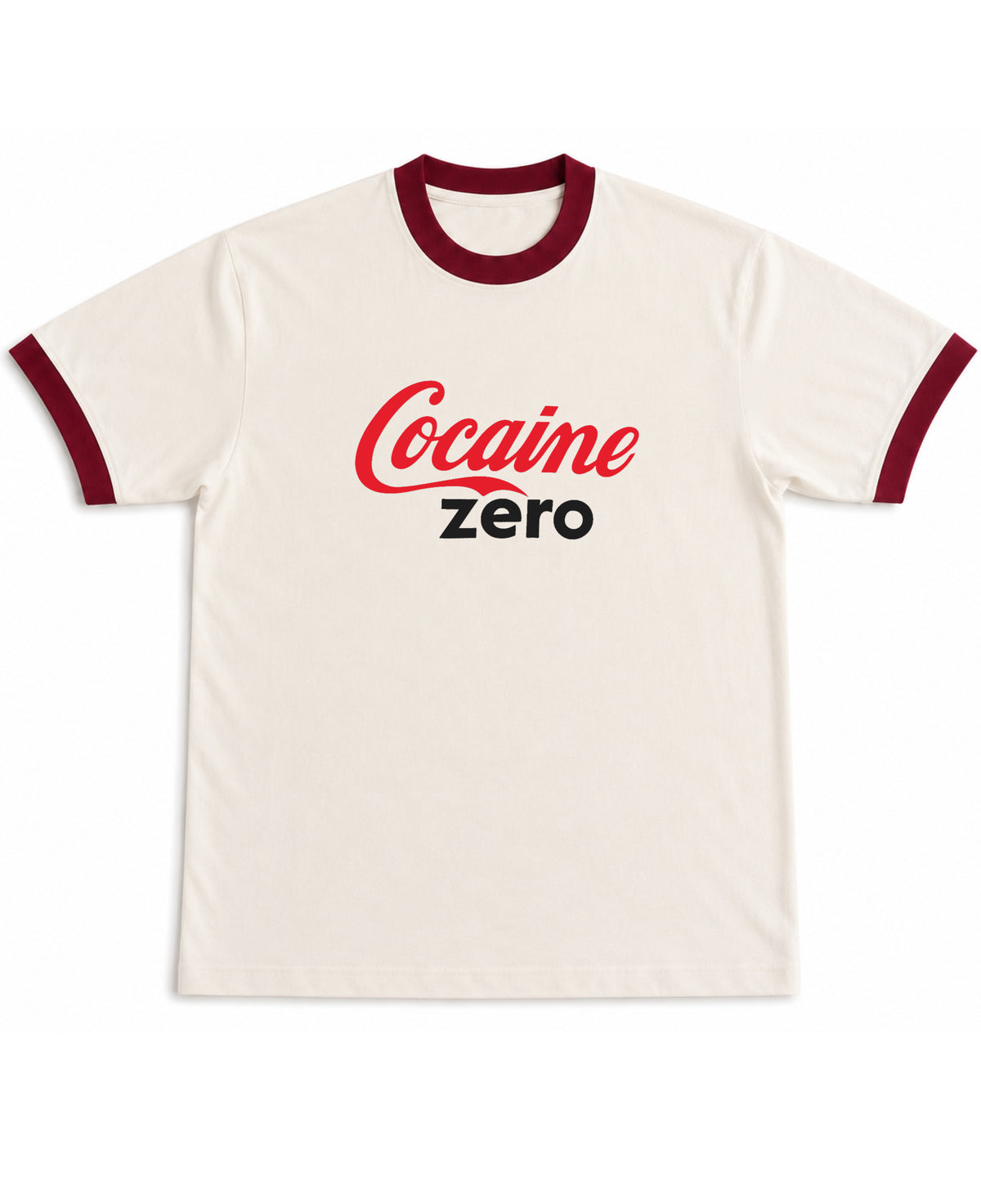 Cocaine Zero Ringer Tee off white and maroon, front parody graphic - Frolic Saga