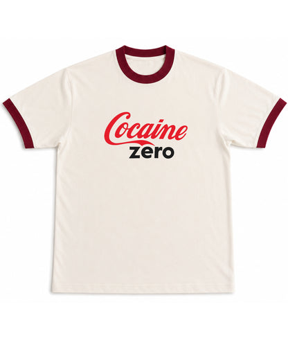 Cocaine Zero Ringer Tee off white and maroon, front parody graphic - Frolic Saga