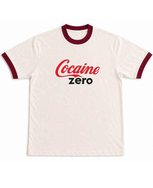 Cocaine Zero Ringer Tee off white and maroon, front parody graphic - Frolic Saga