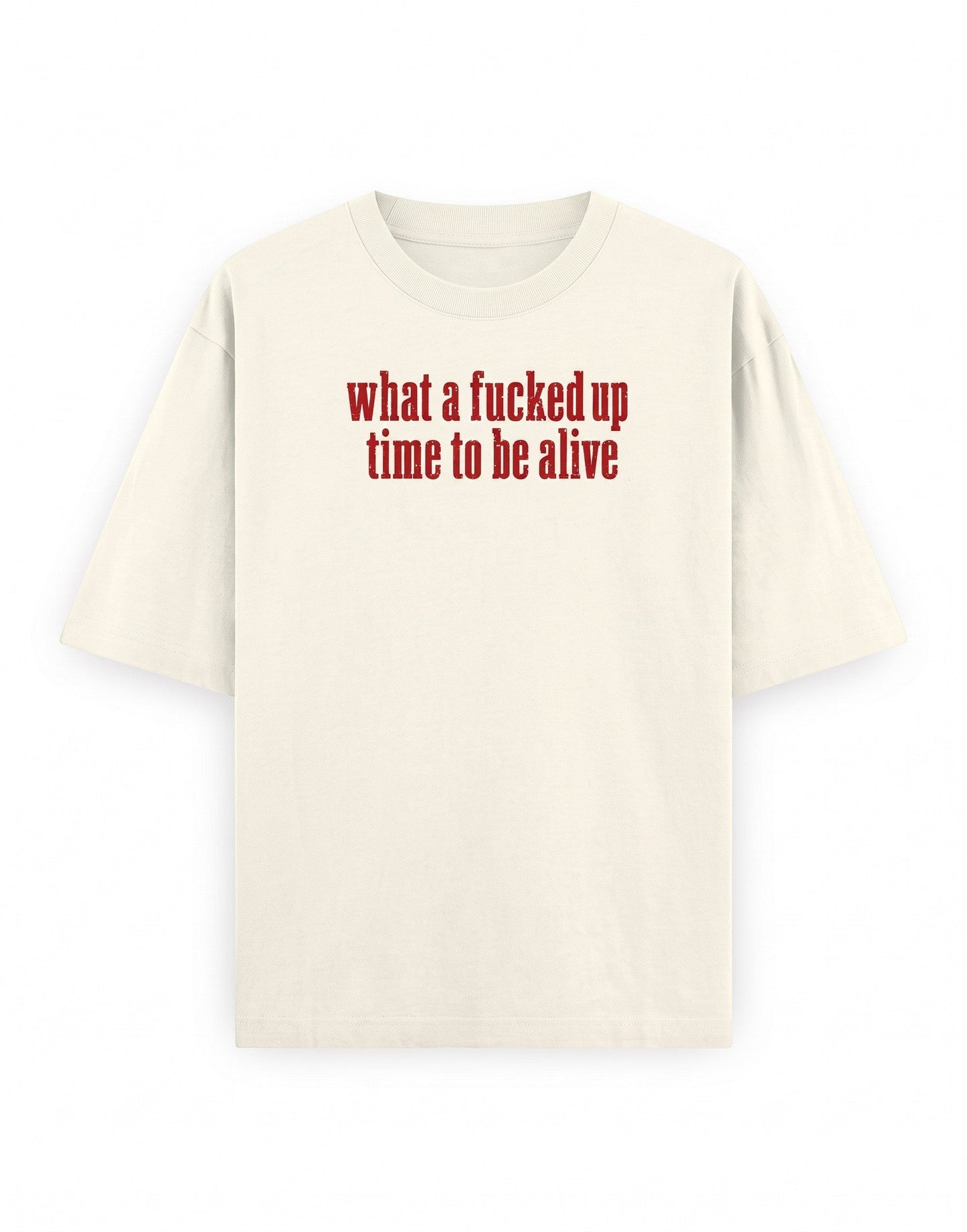 Frolic Saga unisex oversized cream cotton t-shirt with red graphic text print on the chest