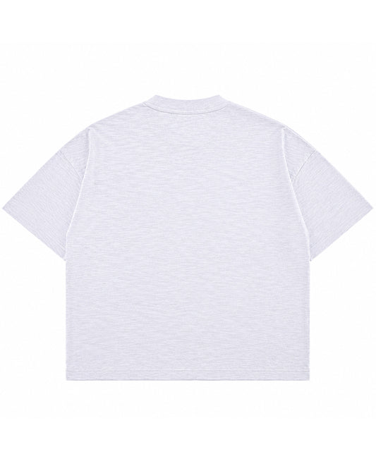 Dust white boxy slub tee, back view - Frolic Saga Bare Minimum