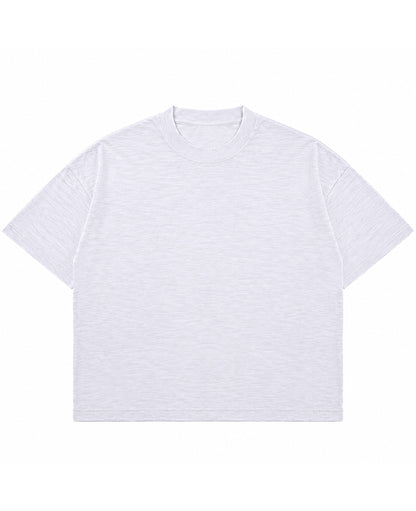 Dust white boxy slub tee, front view showing textured slub cotton - Frolic Saga Bare Minimum