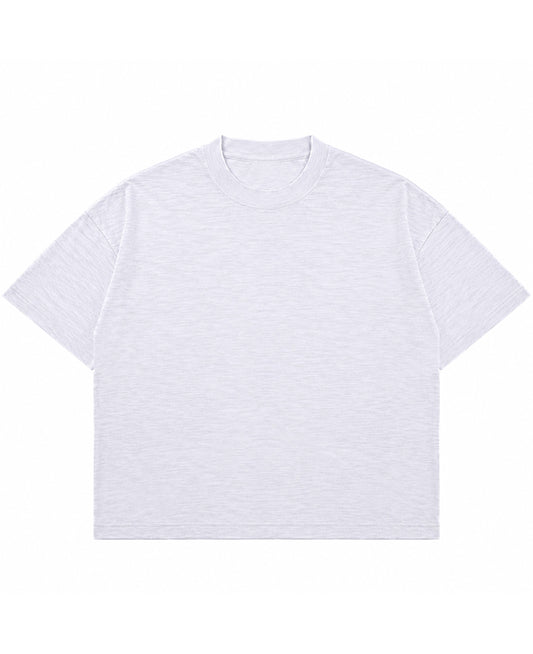 Dust white boxy slub tee, front view showing textured slub cotton - Frolic Saga Bare Minimum