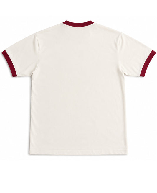 F*ck Nudes Send Me Your Playlist off white and maroon ringer tee, back view - Frolic Saga