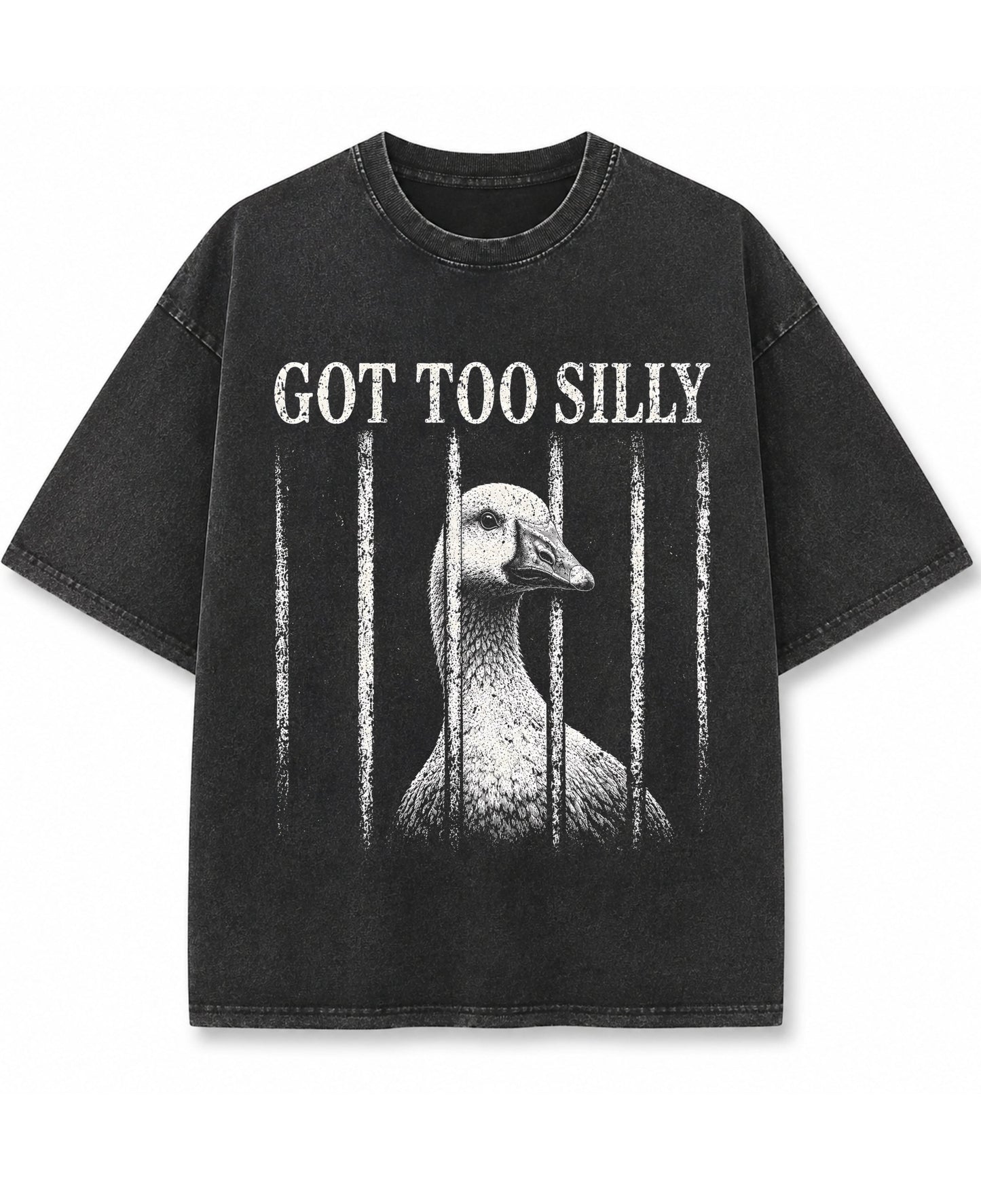Vintage fade black oversized t-shirt featuring a distressed white graphic of a goose looking through jail bars, positioned under text that reads Got Too Silly.