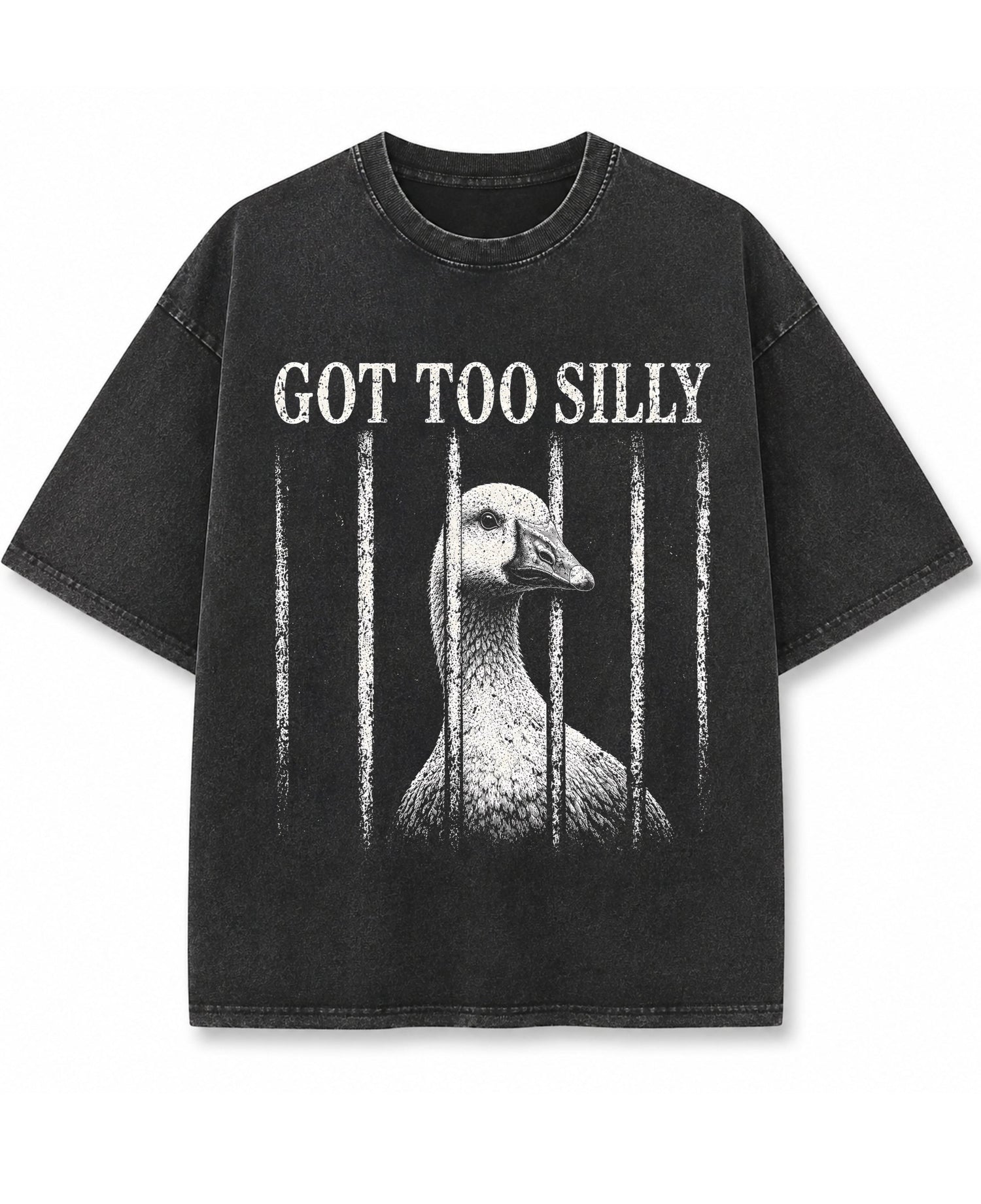 Vintage fade black oversized t-shirt featuring a distressed white graphic of a goose looking through jail bars, positioned under text that reads Got Too Silly.