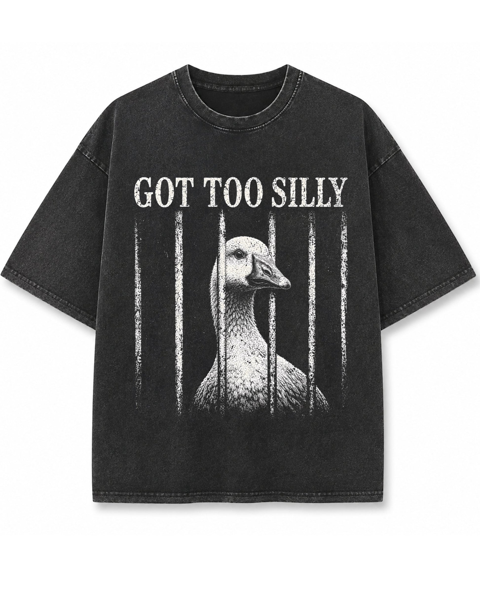Vintage fade black oversized t-shirt featuring a distressed white graphic of a goose looking through jail bars, positioned under text that reads Got Too Silly.