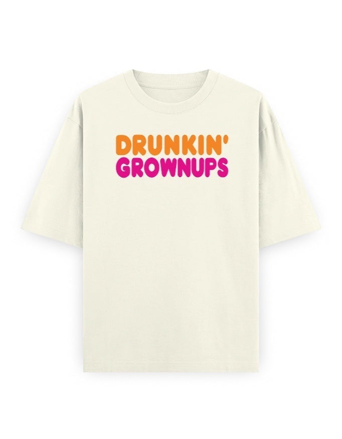 Frolic Saga oversized cream 100% cotton t-shirt with "Drunkin' Grownups" graphic in orange and pink.