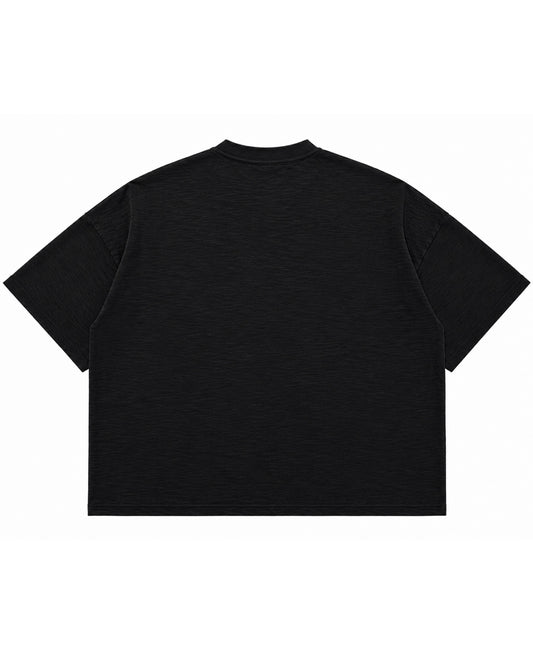 Graphite boxy slub tee, back view - Frolic Saga Bare Minimum