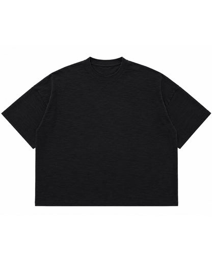 Graphite boxy slub tee, front view showing textured slub cotton - Frolic Saga Bare Minimum