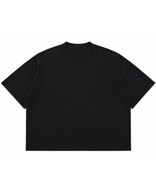 Graphite boxy slub tee, front view showing textured slub cotton - Frolic Saga Bare Minimum