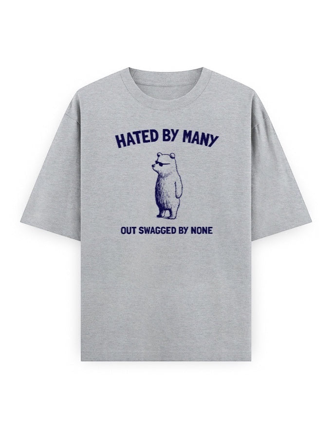 Frolic Saga grey 100% cotton oversized t-shirt with vintage bear graphic and text "Hated By Many, Out Swagged By None."