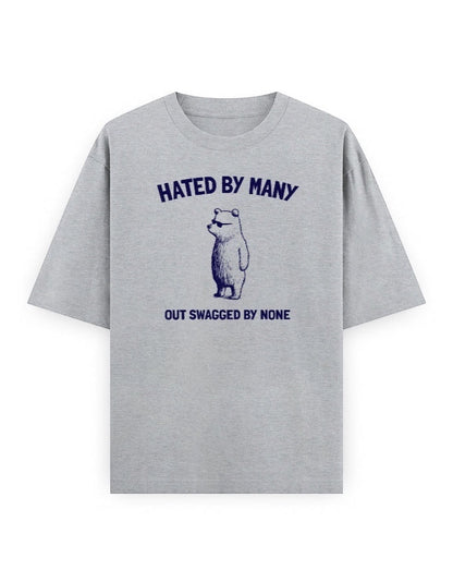 Frolic Saga grey 100% cotton oversized t-shirt with vintage bear graphic and text "Hated By Many, Out Swagged By None."