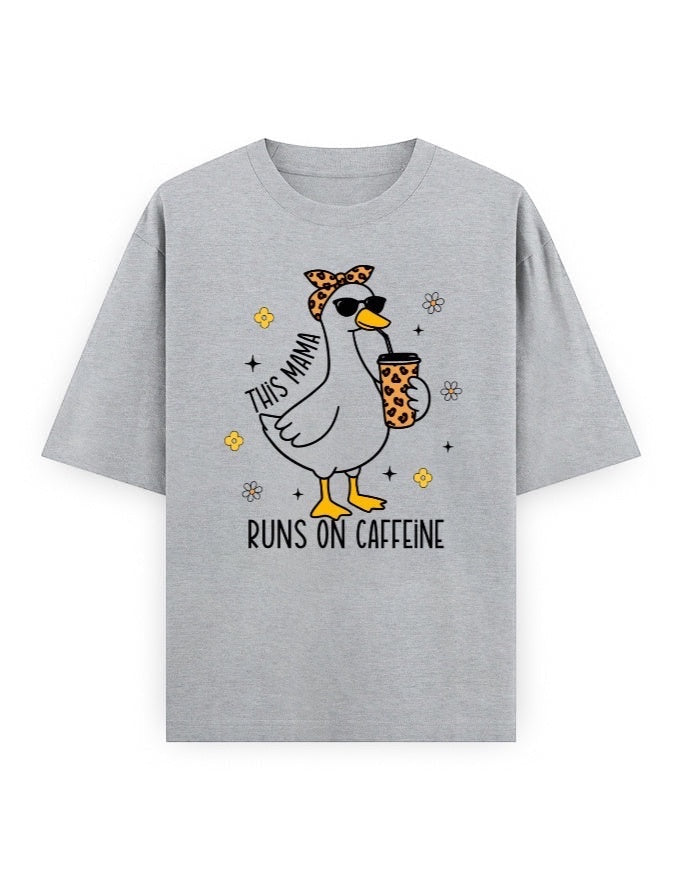 Frolic Saga grey 100% cotton oversized t-shirt with a graphic of a duck wearing sunglasses and a bandana, holding a coffee cup.