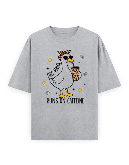 Frolic Saga grey 100% cotton oversized t-shirt with a graphic of a duck wearing sunglasses and a bandana, holding a coffee cup.