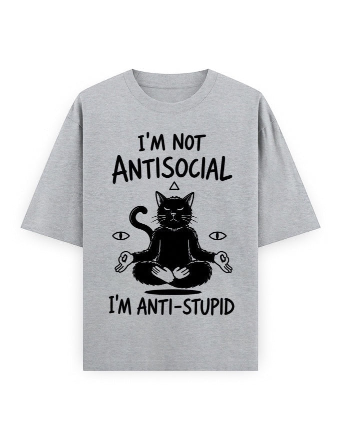 Frolic Saga grey 100% cotton unisex oversized t-shirt with a black graphic of a meditating cat and text.