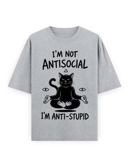 Frolic Saga grey 100% cotton unisex oversized t-shirt with a black graphic of a meditating cat and text.