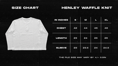 Frolic Saga Henley waffle knit tee size chart with chest and length measurements in inches
