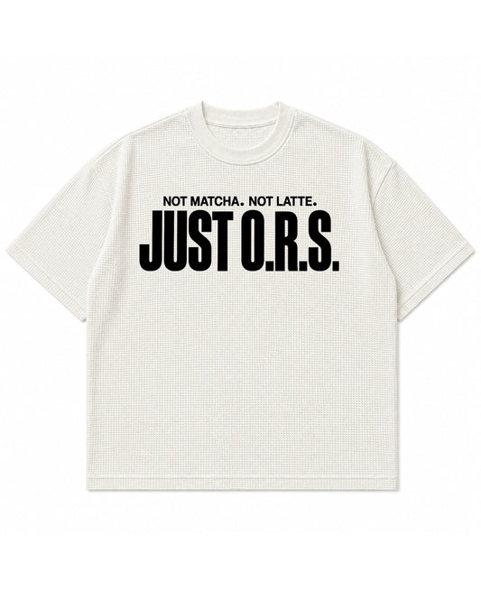 Just O.R.S. off-white waffle knit boxy fit tee front, Not Matcha Not Latte Just O.R.S. graphic - Frolic Saga