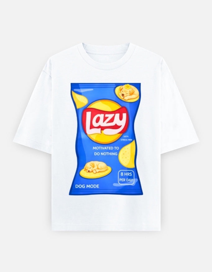 Frolic Saga white oversized t-shirt with a blue chip bag graphic parody that says "Lazy Dog Mode" and features a sleeping dog.
