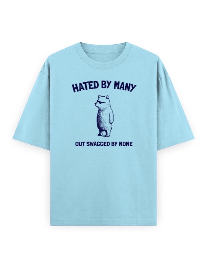 Frolic Saga light blue 100% cotton oversized t-shirt with vintage bear graphic and text.