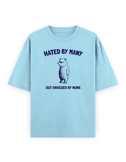 Frolic Saga light blue 100% cotton oversized t-shirt with vintage bear graphic and text.