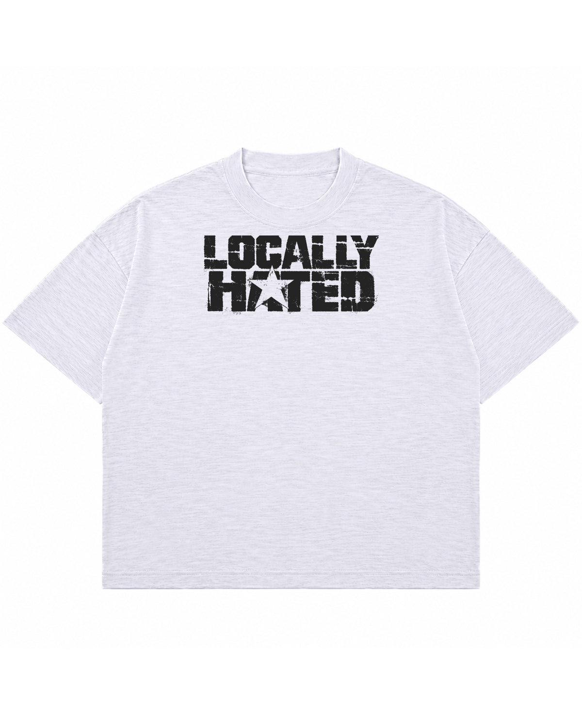 Locally Hated dust white boxy fit slub tee, front distressed black star print - Frolic Saga