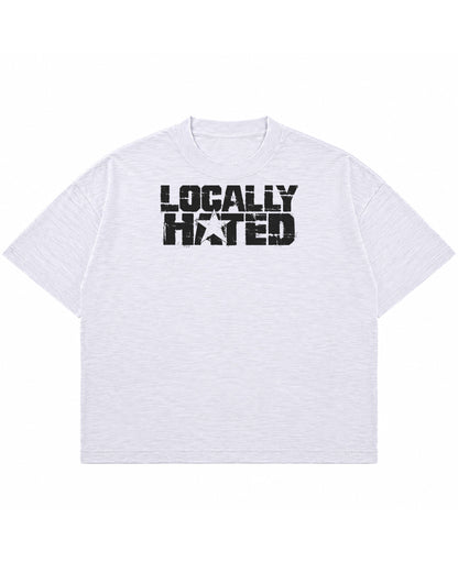 Locally Hated dust white boxy fit slub tee, front distressed black star print - Frolic Saga